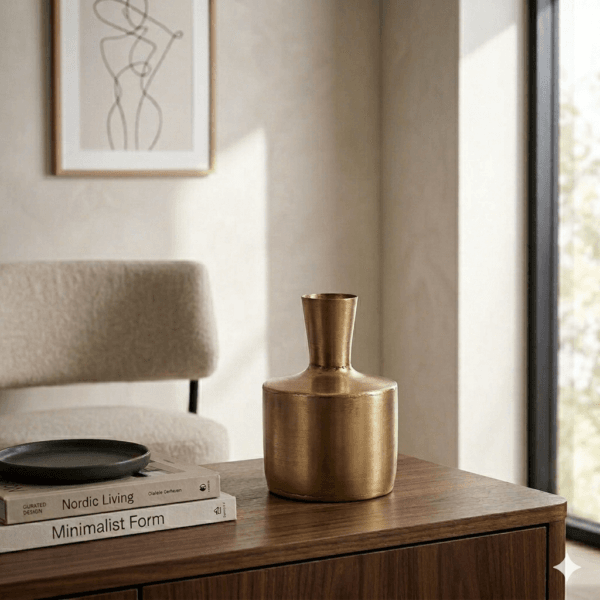 Vas i bronserad metall med borstad yta. Stilren form som passar fint med en enkel kvist eller som dekorativ detalj i hemmet.
