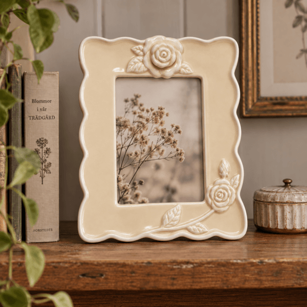 Meta: Antikvit fotoram i keramik med rosor i relief och mjukt vågiga kanter. Romantisk ram för ett favoritfoto. Yttermått 16×20 cm. Bildmått 8x12 cm.