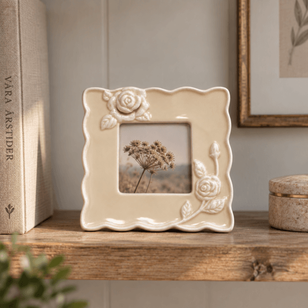 Antikvit fotoram i keramik med rosor i relief och mjukt vågiga kanter. Liten dekorativ ram för foto 7×7 cm. Yttermått 13×13 cm.