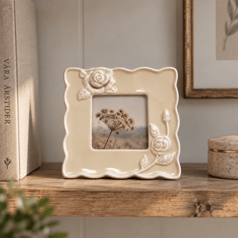 Antikvit fotoram i keramik med rosor i relief och mjukt vågiga kanter. Liten dekorativ ram för foto 7×7 cm. Yttermått 13×13 cm.