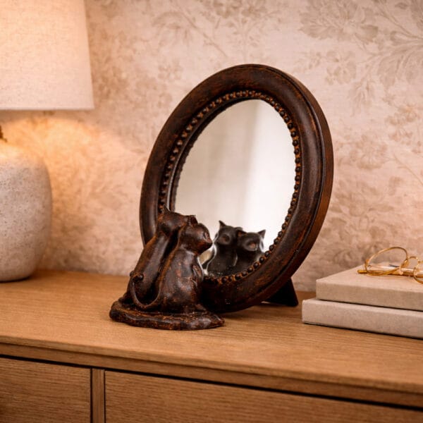 Charmig bordsspegel med två katter i dekorativ design. En lekfull detalj i polyresin som passar fint på byrå, hylla eller nattduksbord.