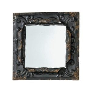 Spegel med svartmålad plåtram, mått 30x30 cm.