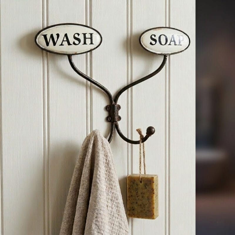 Charmig vägghängare i metall med två krokar och skyltar Wash och Soap. Perfekt för badrum eller tvättstuga, passar lantlig stil och sommarstuga.