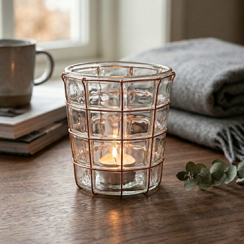 WER-0985-1 Ljuslykta i glas med dekorativ metalltråd i varm kopparton. Kombinationen av glasets mjuka, levande yta och den strama metalltråden skapar en fin kontrast.