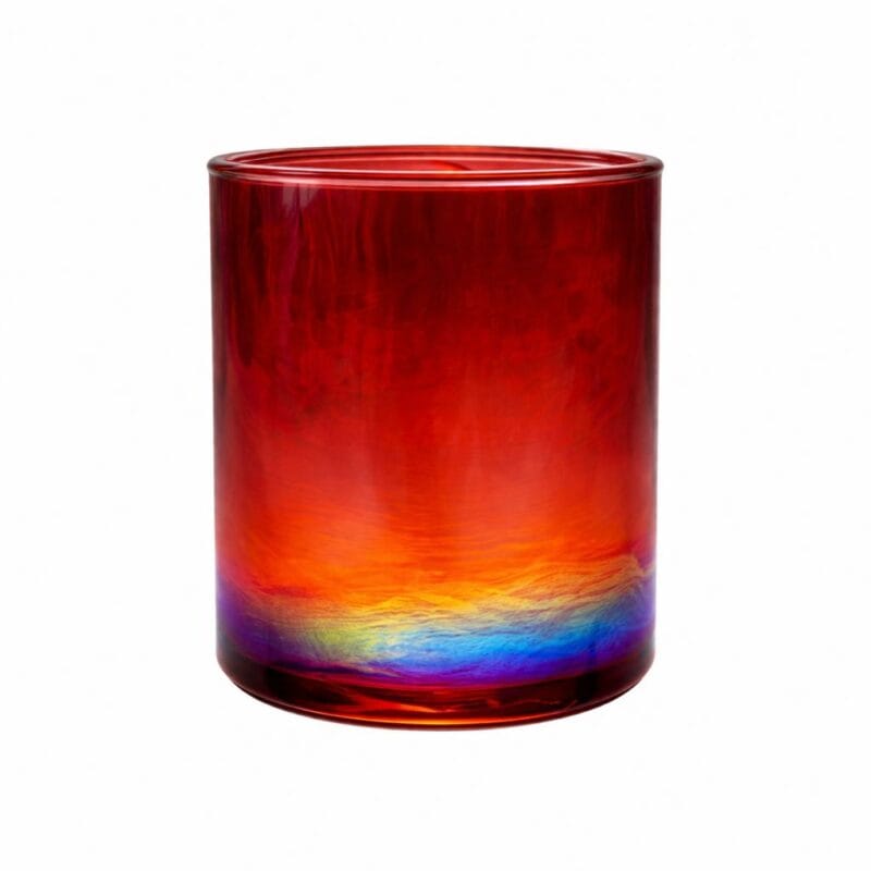Ljuslykta i glas där färgen skiftar i olika nyanser, från rosa till nästan orange. Avsedd för värmeljus.  Höjd 12 cm, diameter 10 cm.