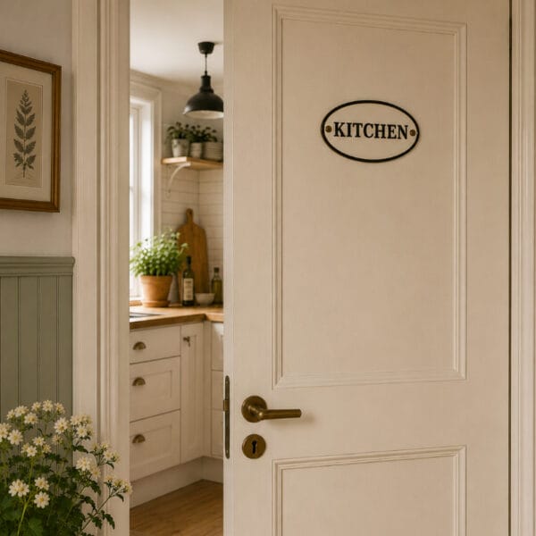 Klassisk skylt i bemålat gjutjärn med texten KITCHEN. En stilren och dekorativ detalj som passar i kök, på vägg eller dörr, med en tidlös känsla.