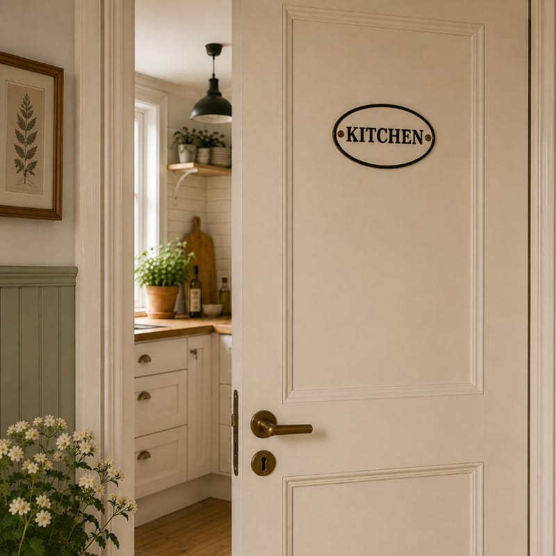 11CS Klassisk skylt i bemålat gjutjärn med texten KITCHEN. En stilren och dekorativ detalj som passar i kök, på vägg eller dörr, med en tidlös känsla.