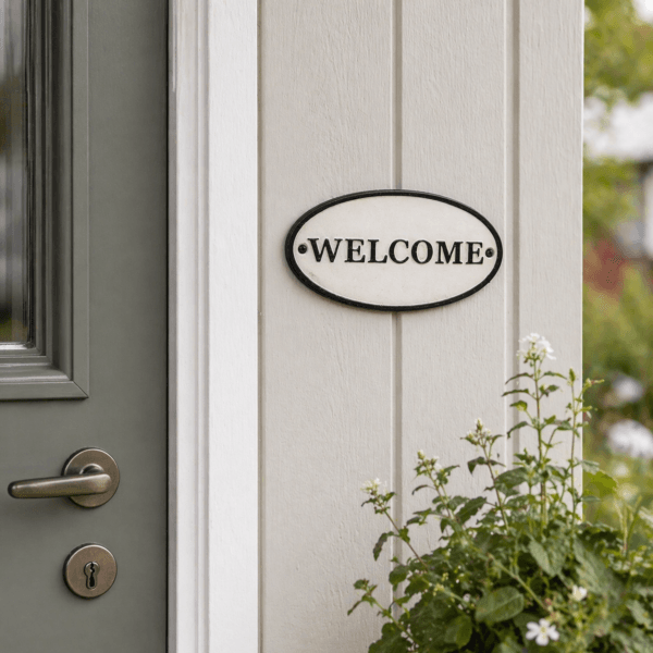 Välkomnande skylt i gjutjärn med klassisk oval form och tydlig text. Diskret storlek 17,5x8,5 cm som passar perfekt vid entrén eller ytterdörren.