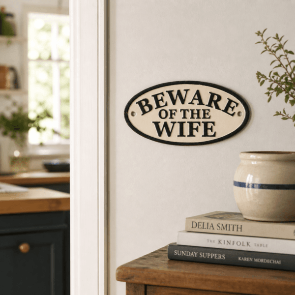 Humoristisk skylt i gjutjärn med texten BEWARE OF THE WIFE. En lekfull och dekorativ detalj som passar i hall, kök eller vid entrén.