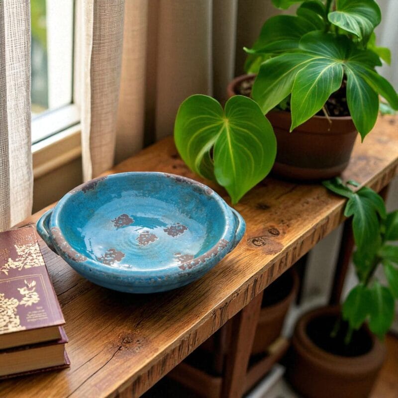 Stort keramikfat i vacker celadonfärg med patinerad yta. Passar perfekt som inredningsdetalj i ett vardagsrum, som t ex ljusfat eller som det är.