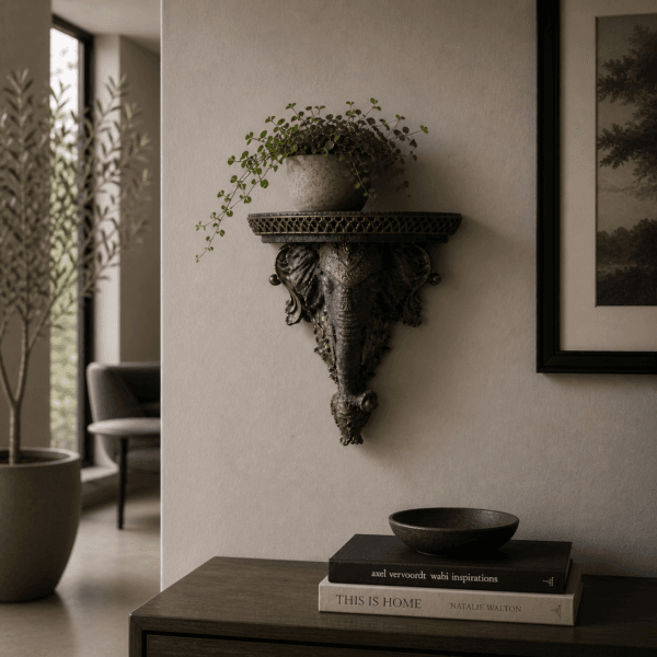 Dekorativ vägghylla med elefanthuvud i resin. Skulptural form med ornamentik som ger väggen karaktär och passar både modern och klassisk inredning.