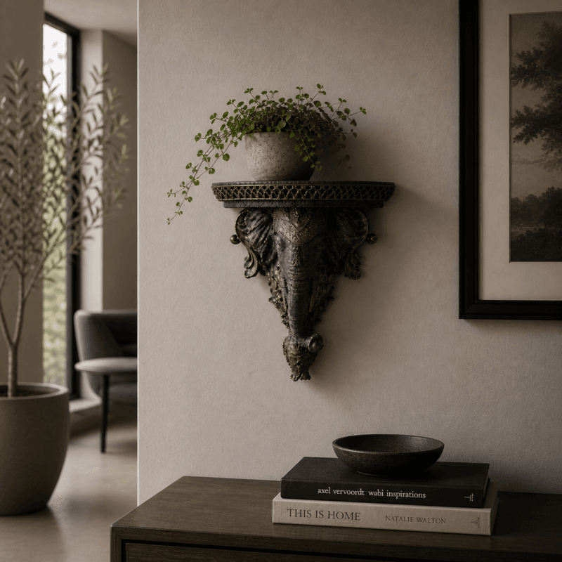 Dekorativ vägghylla med elefanthuvud i resin. Skulptural form med ornamentik som ger väggen karaktär och passar både modern och klassisk inredning.