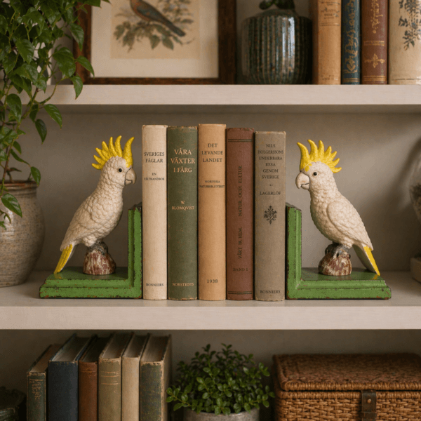 Bokstöd 1 par i gjutjärn med dekor av kakadua. De håller böckerna stadigt på plats samtidigt som de fungerar som en dekorativ detalj.
