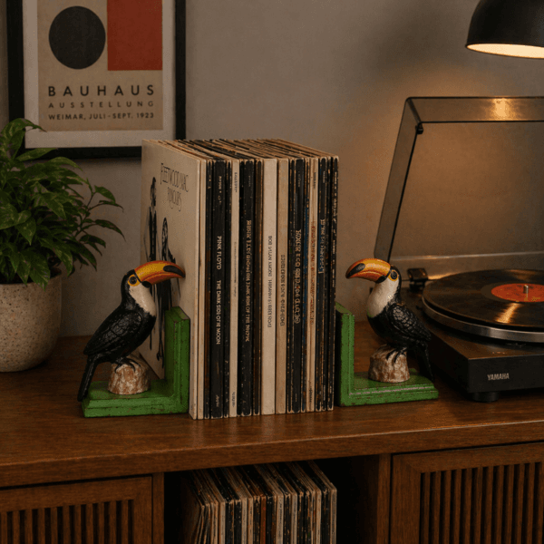 Bokstöd i gjutjärn med dekorativ design som drar blickarna till sig. De ger stabilt stöd åt böcker och skivor och tillför en uttrycksfull känsla i rummet.