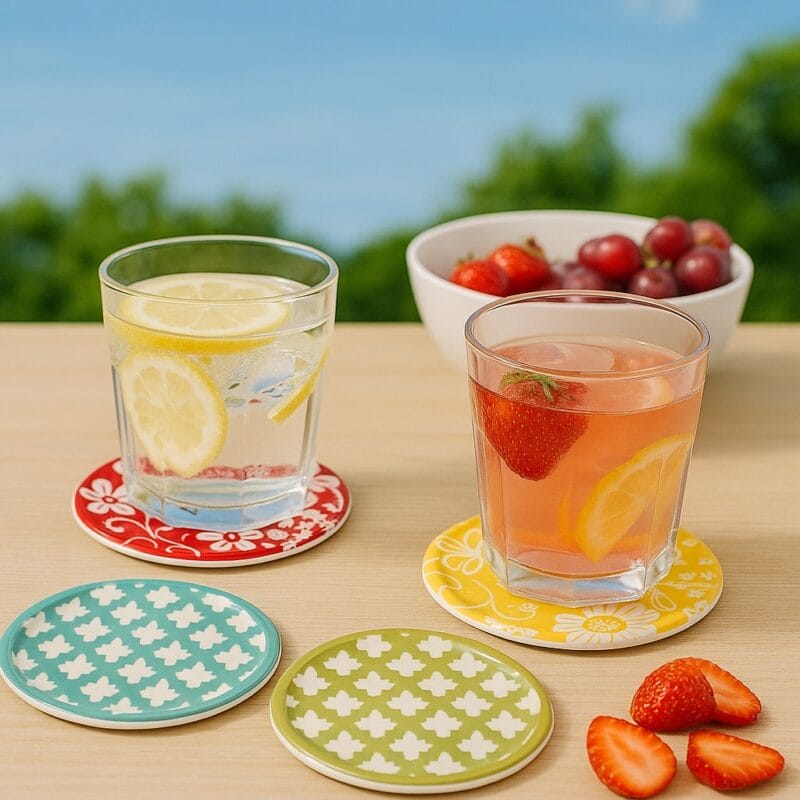 Färgglada coasters i melamin, 4-pack. Praktiska glasunderlägg med olika mönster som skyddar bordet och ger en somrig känsla till dukningen.