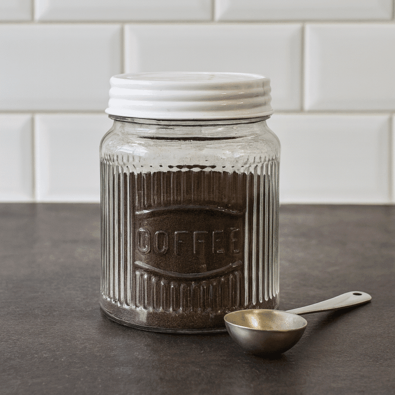 LEV-4768-2 Glasburk i räfflat glas med vitt metallock och texten Coffee. Höjd 15,5 cm, diameter 12,5 cm. Praktisk och dekorativ kaffeförvaring med klassisk design.