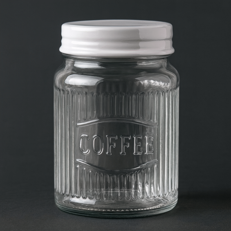 Glasburk i räfflat glas med vitt metallock och texten Coffee. Höjd 15,5 cm, diameter 12,5 cm. Praktisk och dekorativ kaffeförvaring med klassisk design.