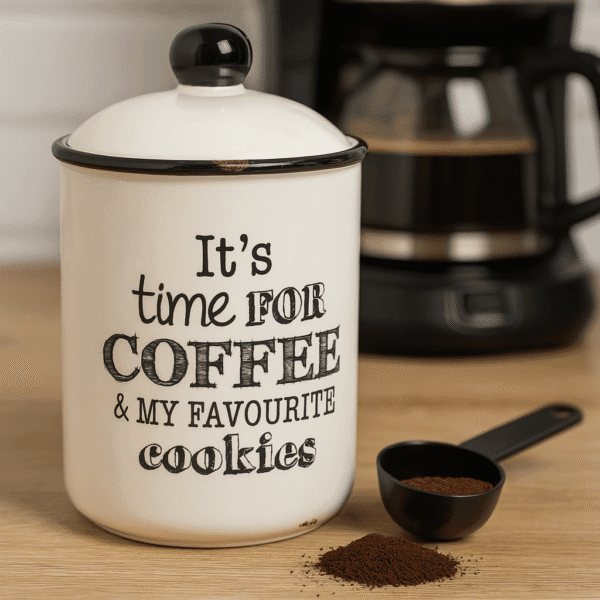 Kaffeburk i keramik med tättslutande lock och detaljer i svart. Bär texten It's time for coffee & my favourite cookies. Höjd 18 cm, diameter 10,5 cm.