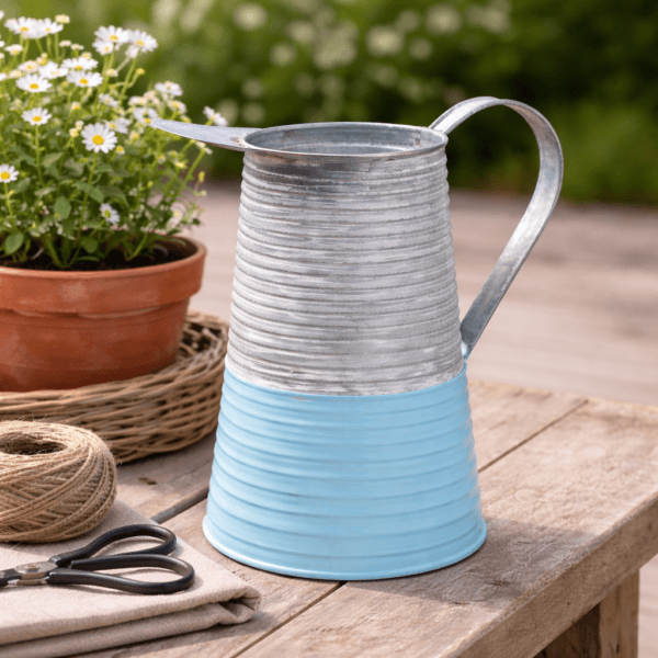 Vattenkanna i metall med blå dekor och rustik känsla. Smidig storlek för altan, balkong eller inomhus. Diameter 9 cm, höjd 21 cm, fin detalj.