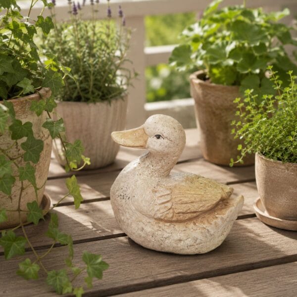 Anka i terrakotta med mjuka former och ett vänligt uttryck som ger en varm och hemtrevlig känsla. En dekorativ figur som sprider glädje året om.