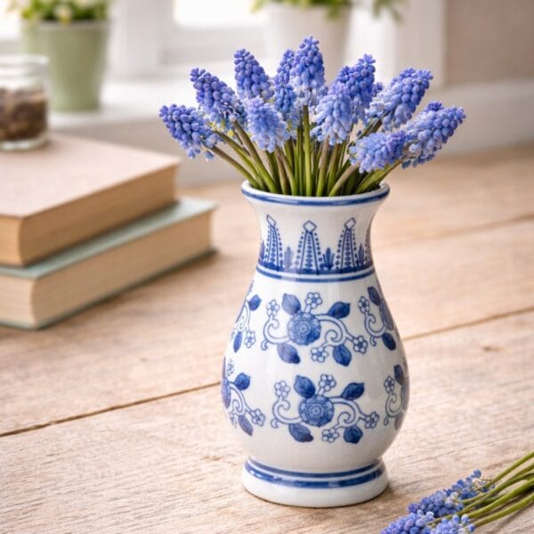 Blåvit porslinsvas med klassiskt mönster. Perfekt för vårens blommor som pärlhyacinter. En dekorativ detalj som lyfter hemmet.