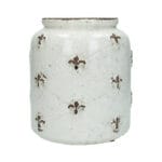 Keramikkruka/vas med krackelerad glasyr och reliefdekor i form av fransk lilja. Perfekt som redskapshållare på bänken eller fin med torkade växter.