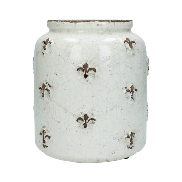 Keramikkruka/vas med krackelerad glasyr och reliefdekor i form av fransk lilja. Perfekt som redskapshållare på bänken eller fin med torkade växter.