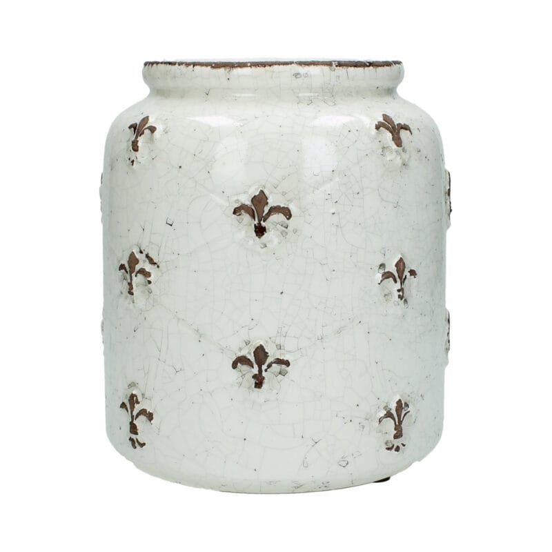 Keramikkruka/vas med krackelerad glasyr och reliefdekor i form av fransk lilja. Perfekt som redskapshållare på bänken eller fin med torkade växter.