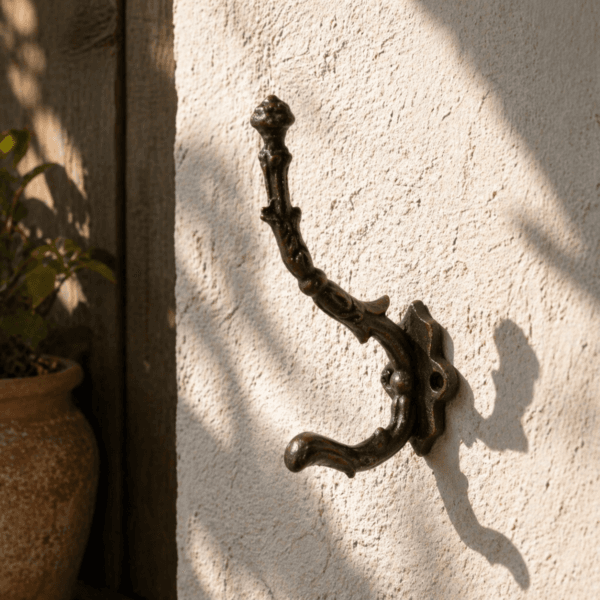 Gjutjärnskrok med arbetad form och tydlig karaktär. Stabil och tålig, perfekt där du vill kombinera funktion med en snygg detalj på väggen.