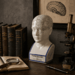 Frenologihuvud i porslin med klassiska markeringar. Dekorativ figur 30,4 cm med historisk bakgrund som ger en unik och tankeväckande detalj i inredningen.