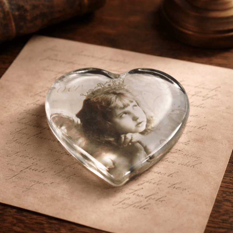 Dekorativt glashjärta med vintagemotiv och nostalgisk känsla. En liten detalj som ger liv åt hylla, skrivbord eller stilleben.
