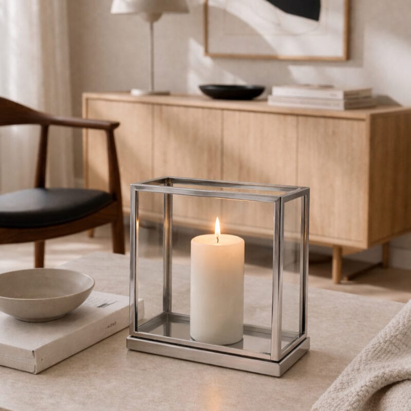 Lykta i glas och metall i stilren design. Ger ett mjukt och behagligt sken och passar fint på soffbord, sideboard eller i fönster.