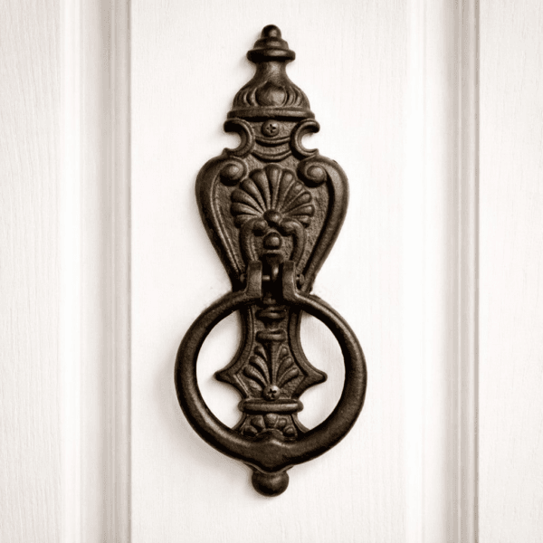 Dörrkläpp i gjutjärn i klassisk empirestil. Dekorativ och robust detalj för ytterdörr, monteras med skruv. Mått 24×8,5 cm.