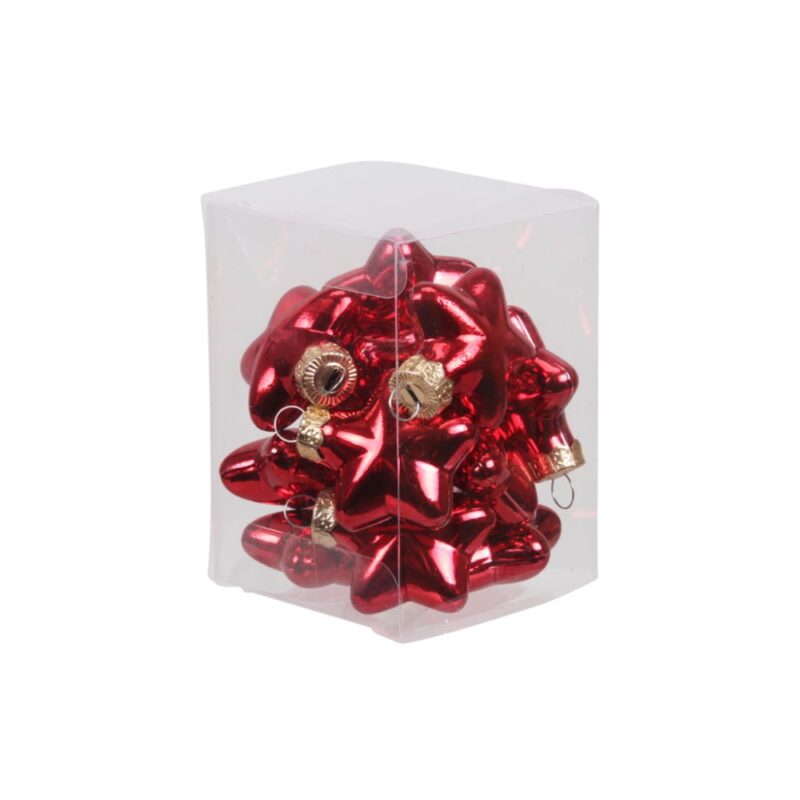 Små julkulor i form av stjärnor i rött glas, mått 4 cm. Set med 12 st.
