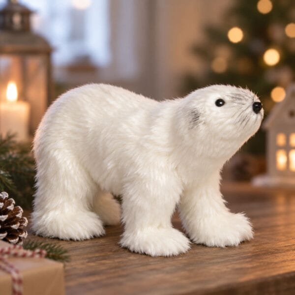 Vit isbjörn i textil med mjuk pälsliknande yta. En dekorativ isbjörn för jul och vinter som blir ett mysigt inslag bland säsongens dekorationer.
