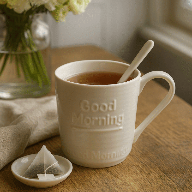 WER-3925 Starta dagen med en mugg som hälsar dig välkommen till morgonen. Denna vita keramikmugg har en inbjudande design med texten Good Morning i relief.