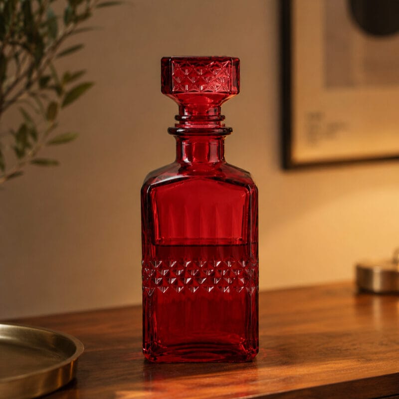 Elegant röd karaff i glas med slipad dekor och dekorativ kork. Fin för snaps, likör eller whisky vid fest och högtider. Höjd 23,5 cm.