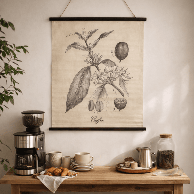 Textiltavla med kaffemotiv och texten Coffea, 80 × 100 cm. Perfekt ovanför kaffehörnan, en dekorativ detalj som lyfter känslan i kök och coffee station.