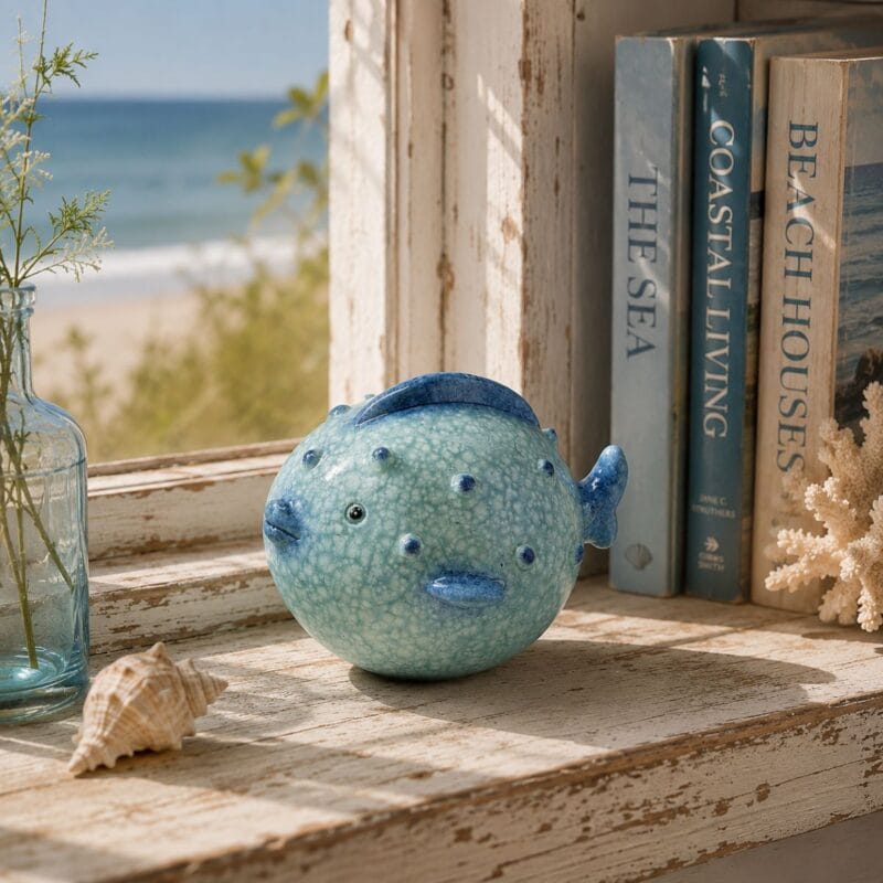 Charmig fisk i terracotta med mjuka former och glasyr i blå och turkosa toner som för tankarna till hav, strand och sommar.