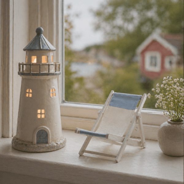 Charmig liten solstol i trä och tyg som ger en lekfull, somrig känsla i inredningen och skapar sommarkänsla året om, längd 19 cm.