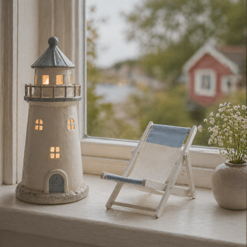 351267-1 Charmig liten solstol i trä och tyg som ger en lekfull, somrig känsla i inredningen och skapar sommarkänsla året om, längd 19 cm.