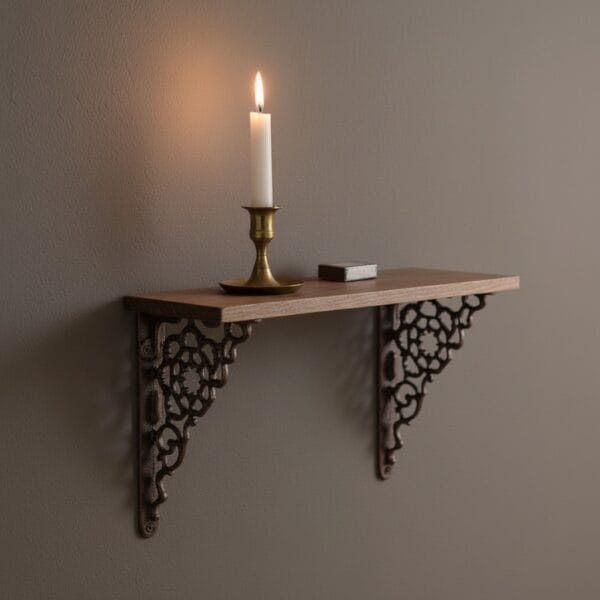 Dekorativ hyllkonsol i gjutjärn med sirligt mönster. Vändbar modell som passar mindre hyllor och ytor. Perfekt för hall, kök eller som detalj. 16,5×12 cm.