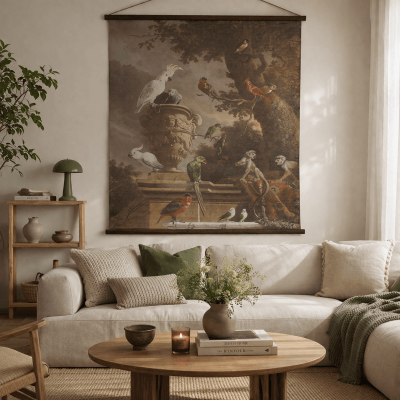 Textiltavla med barockmotiv och trälist, 140 × 170 cm. Ett dekorativt blickfång som ger rummet karaktär och en mjuk, ombonad känsla.