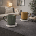 Stilrena glasunderlägg i keramik i set om fyra med olika grafiska mönster. Skyddar bordet och passar perfekt till kaffe, te och en liten chokladbit.