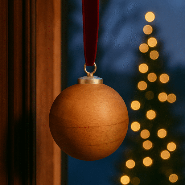 Julkula i solitt trä med varm och naturnära känsla. Den behagliga tyngden gör den perfekt att hänga i fönster. Diameter 10 cm