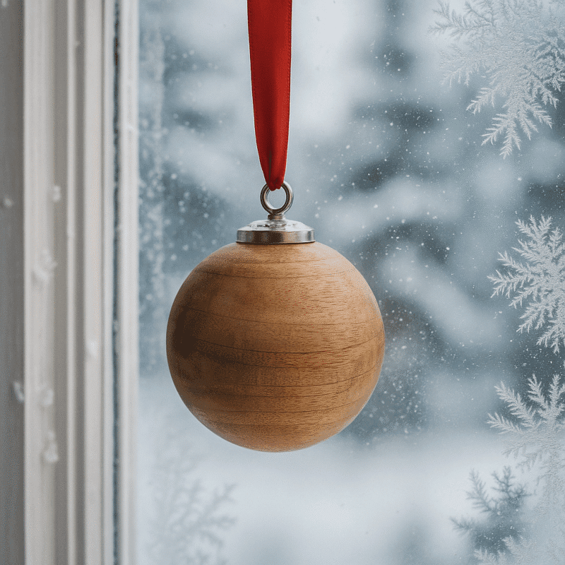 Julkula i solitt trä med varm och naturnära känsla. Den behagliga tyngden gör den perfekt att hänga i fönster. Diameter 10 cm