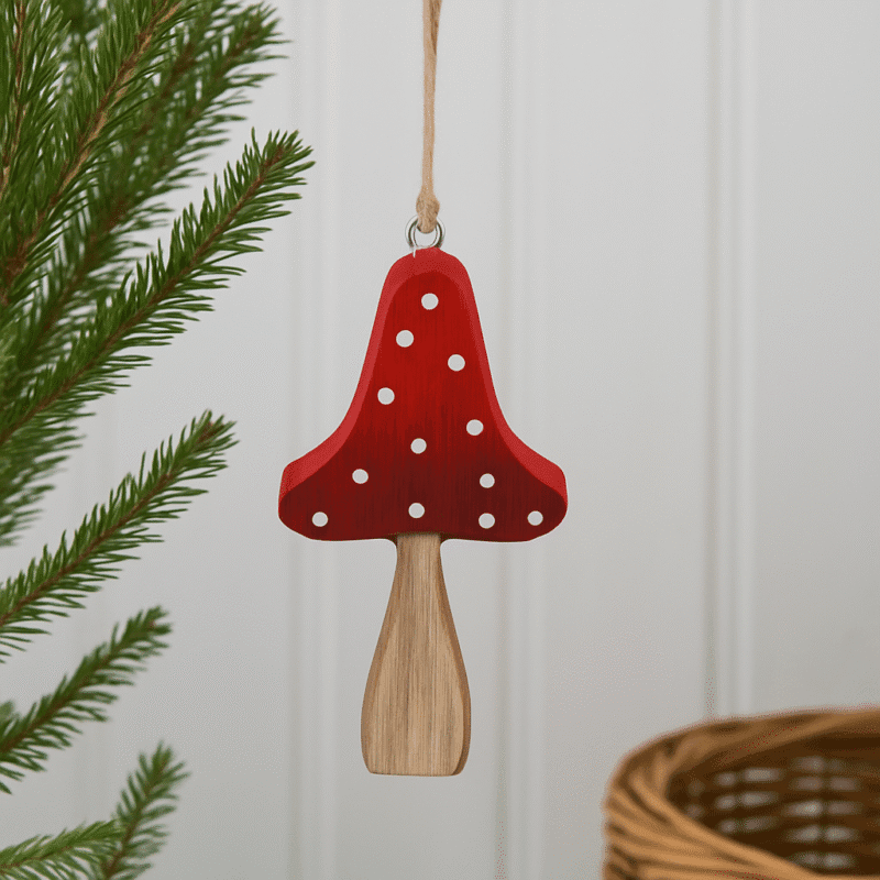 Dekorativ flugsvamp i trä med jutesnöre. En söt liten svamp i rött och natur som passar perfekt i julgranen eller som höstlig inredningsdetalj.