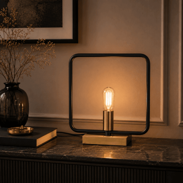 Stilren bordslampa i svart metall med mässingsdetaljer. Grafisk form som blir en dekorativ inredningsdetalj i hela hemmet.