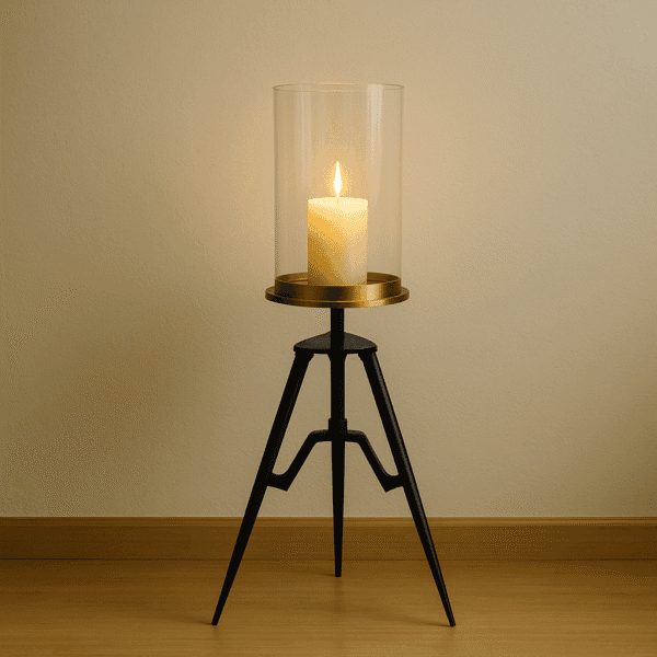 Denna ståtliga stormlykta i glas och metall kombinerar industriell elegans med tidlös design. Lika mycket ett dekorativt statement som en stämningshöjare. Placera den vid en entré, i ett hörn av vardagsrummet eller som ett blickfång i uterummet. Med ett blockljus inuti skapar den ett varmt och välkomnande sken. Mått 26,5x22,5x51 cm.