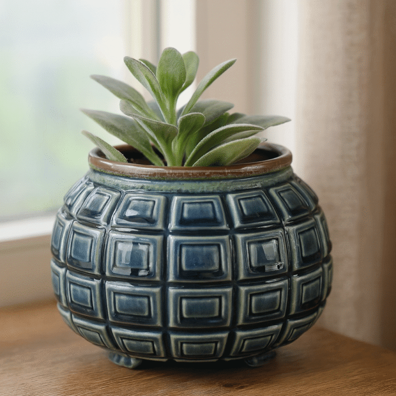 WER-9046-2 Blomkruka i glaserad keramik med rutmönster i blågröna toner. Dekorativ kruka för växter i fönster eller på bord. Diameter 22 cm.